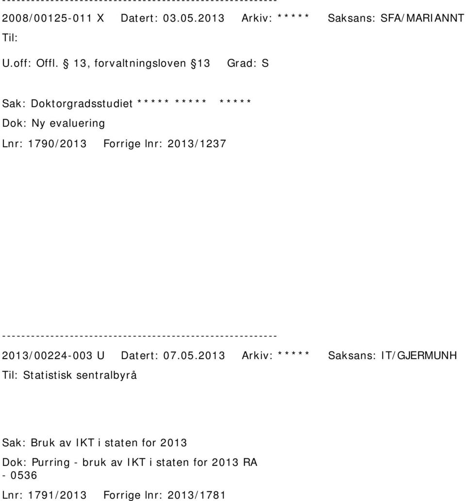 evaluering Lnr: 1790/2013 Forrige lnr: 2013/1237 2013/00224-003 U Datert: 07.05.