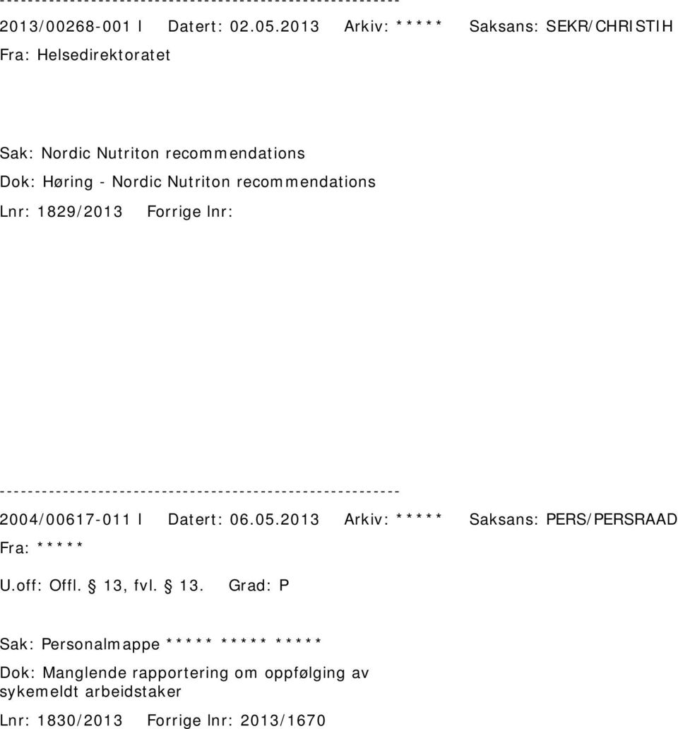 Nordic Nutriton recommendations Lnr: 1829/2013 Forrige lnr: 2004/00617-011 I Datert: 06.05.