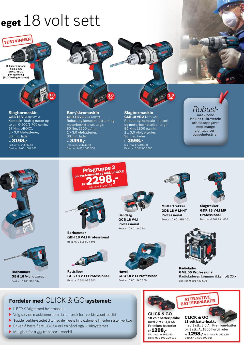 0 601 867 102 Bor-/skrumaskin GSR 18 VE-2 LI robust Robust og kompakt, batteri- og motorbeskyttelse, to gir, 80 Nm, 1600 o./min. 2 x 3,0 Ah-batterier, 30 min. lader kr 3398,- Inkl. mva.