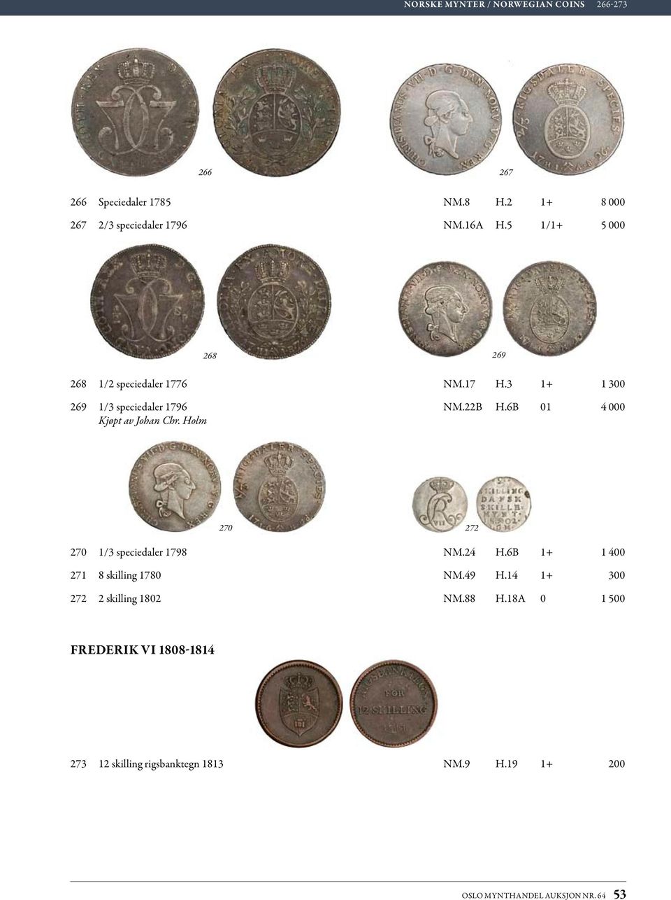 6B 01 4 000 Kjøpt av Johan Chr. Holm 270 272 270 1/3 speciedaler 1798 nm.24 H.6B 1+ 1 400 271 8 skilling 1780 nm.49 H.