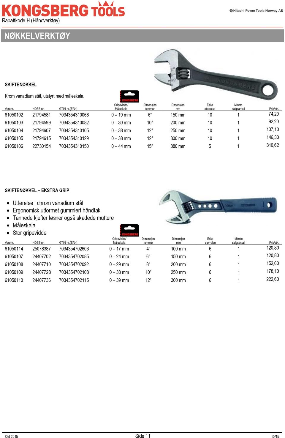 7034354310105 0 38 mm 12 250 mm 10 1 107,10 61050105 21794615 7034354310129 0 38 mm 12 300 mm 10 1 146,30 61050106 22730154 7034354310150 0 44 mm 15 380 mm 5 1 310,62 SKIFTENØKKEL EKSTRA GRIP