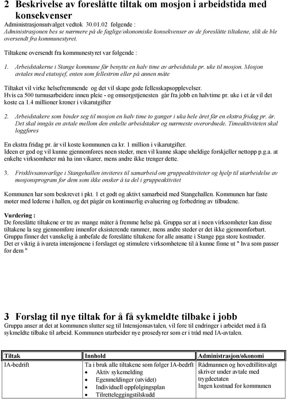 Tiltakene oversendt fra kommunestyret var følgende : 1. Arbeidstakerne i Stange kommune får benytte en halv time av arbeidstida pr. uke til mosjon.