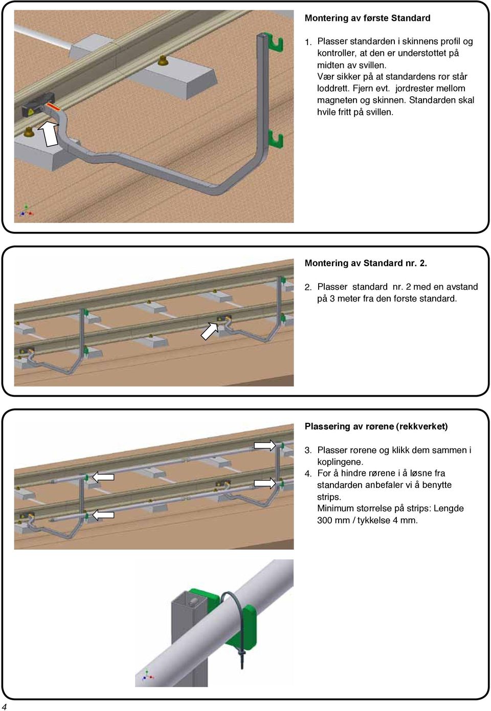 Montering av Standard nr. 2. 2. Plasser standard nr. 2 med en avstand på 3 meter fra den første standard. Plassering av rørene (rekkverket) 3.