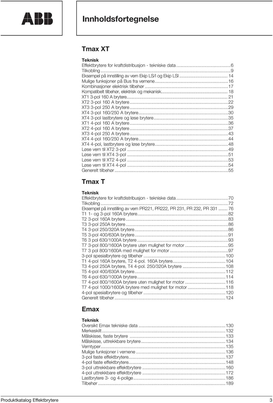 ..22 XT3 3-pol 250 A brytere...29 XT4 3-pol 160/250 A brytere...30 XT4 3-pol lastbrytere og løse brytere...35 XT1 4-pol 160 A brytere...36 XT2 4-pol 160 A brytere...37 XT3 4-pol 250 A brytere.