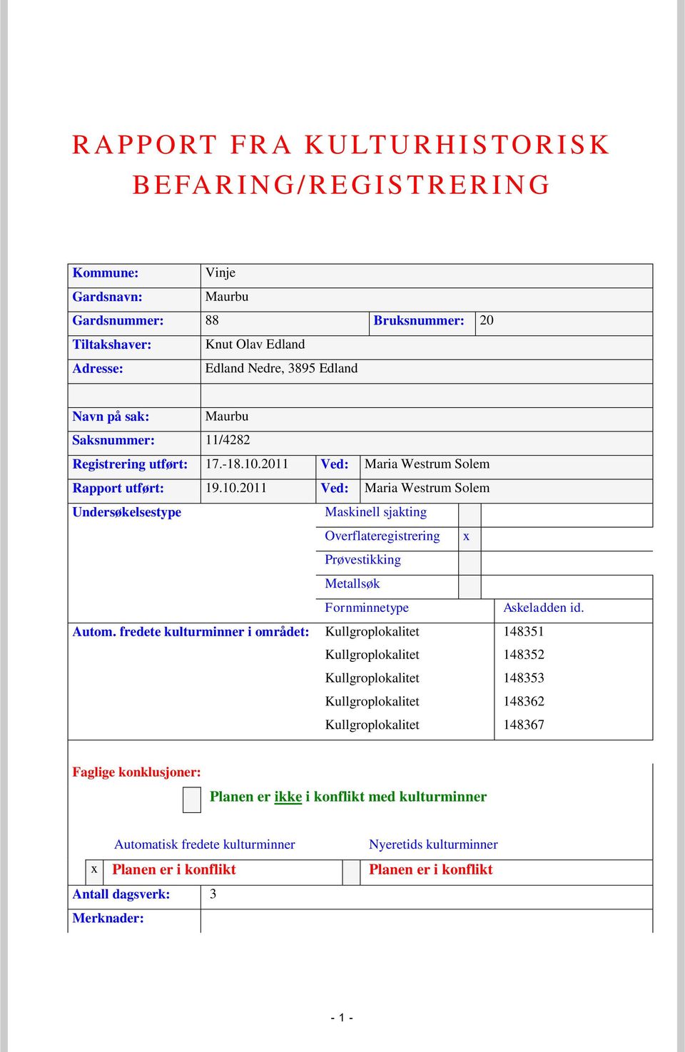 2011 Ved: Maria Westrum Solem Rapport utført: 19.10.2011 Ved: Maria Westrum Solem Undersøkelsestype Maskinell sjakting Overflateregistrering x Prøvestikking Metallsøk Fornminnetype Autom.