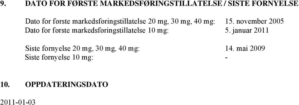 november 2005 Dato for første markedsføringstillatelse 10 mg: 5.