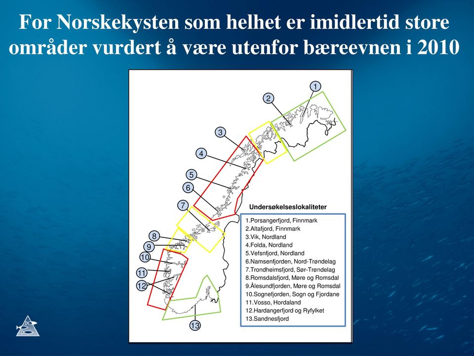 Folda, Nordland 5.Vefsnfjord, Nordland 6.Namsenfjorden, Nord-Trøndelag 7.Trondheimsfjord, Sør-Trøndelag 8.