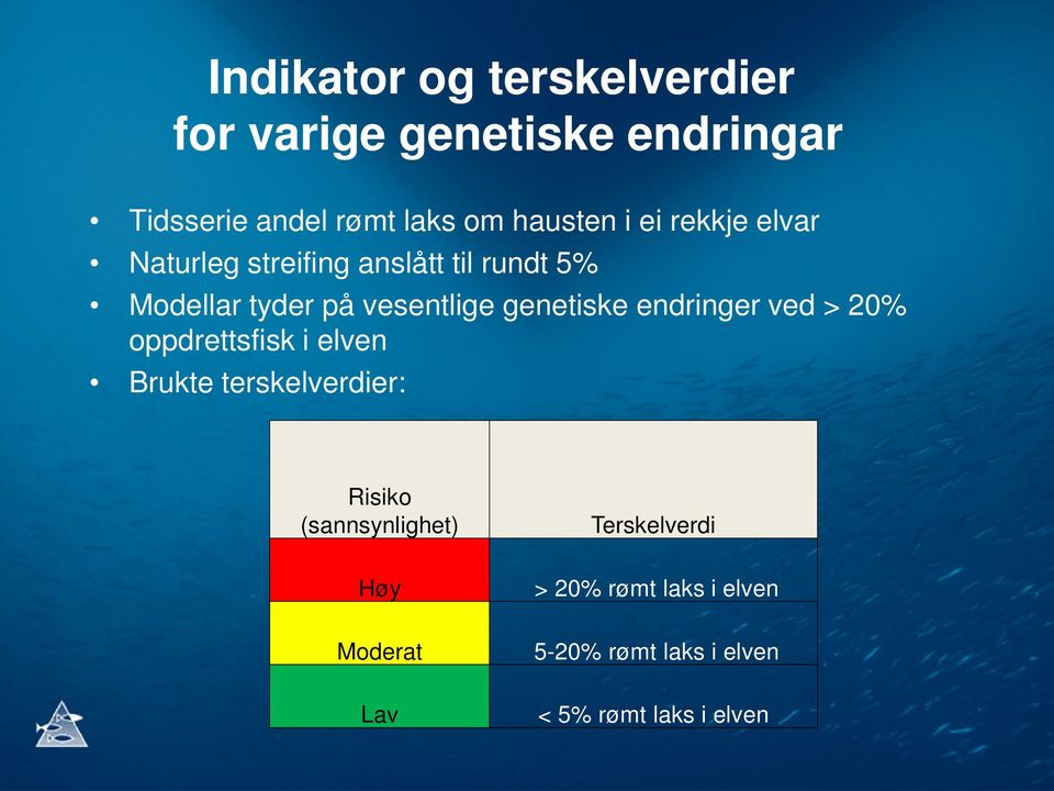 genetiske endringer ved > 20% oppdrettsfisk i elven Brukte terskelverdier: Risiko