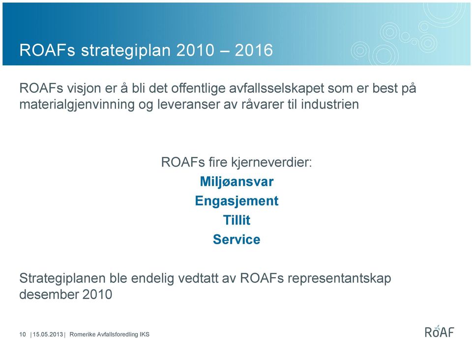 råvarer til industrien ROAFs fire kjerneverdier: Miljøansvar Engasjement