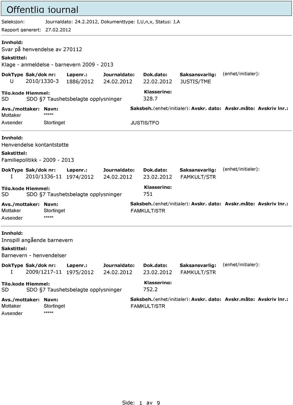 Avskr. dato: Avskr.måte: Avskriv lnr.: Mottaker ***** JSTS/TFO Henvendelse kontantstøtte Familiepolitikk - 2009-2013 2010/1336-11 1974/2012 Tilg.