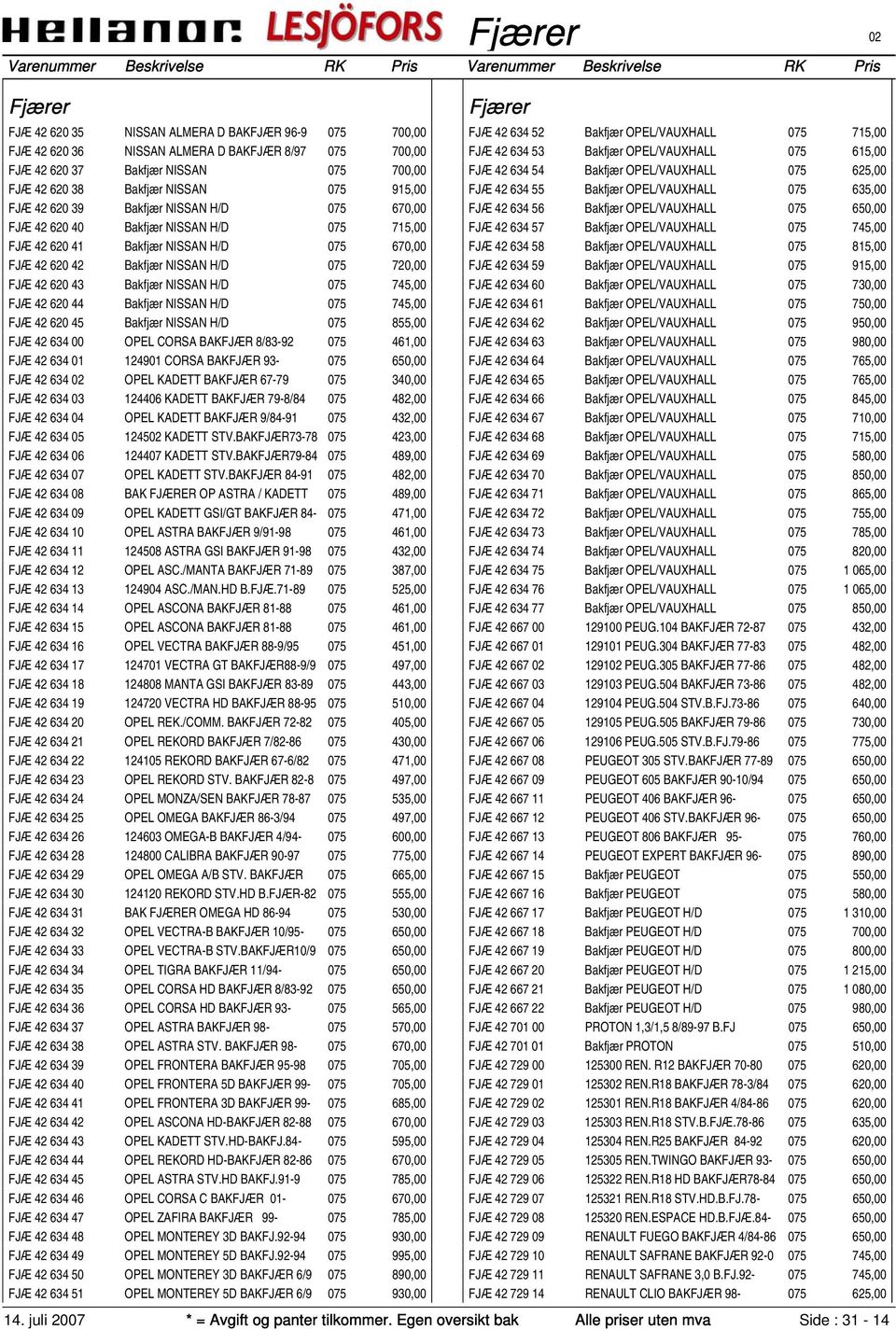 075 745,00 FJÆ 42 620 44 Bakfjær NISSAN H/D 075 745,00 FJÆ 42 620 45 Bakfjær NISSAN H/D 075 855,00 FJÆ 42 634 00 OPEL CORSA BAKFJÆR 8/83-92 075 461,00 FJÆ 42 634 01 124901 CORSA BAKFJÆR 93-075 650,00