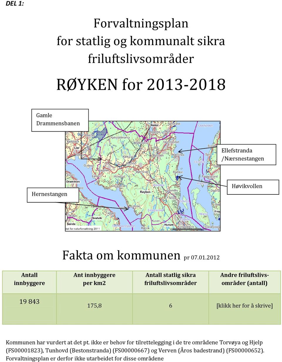 2012 Antall innbyggere Ant innbyggere per km2 Antall statlig sikra friluftslivsområder Andre friluftslivsområder (antall) 19 843 175,8 6 [klikk her for å