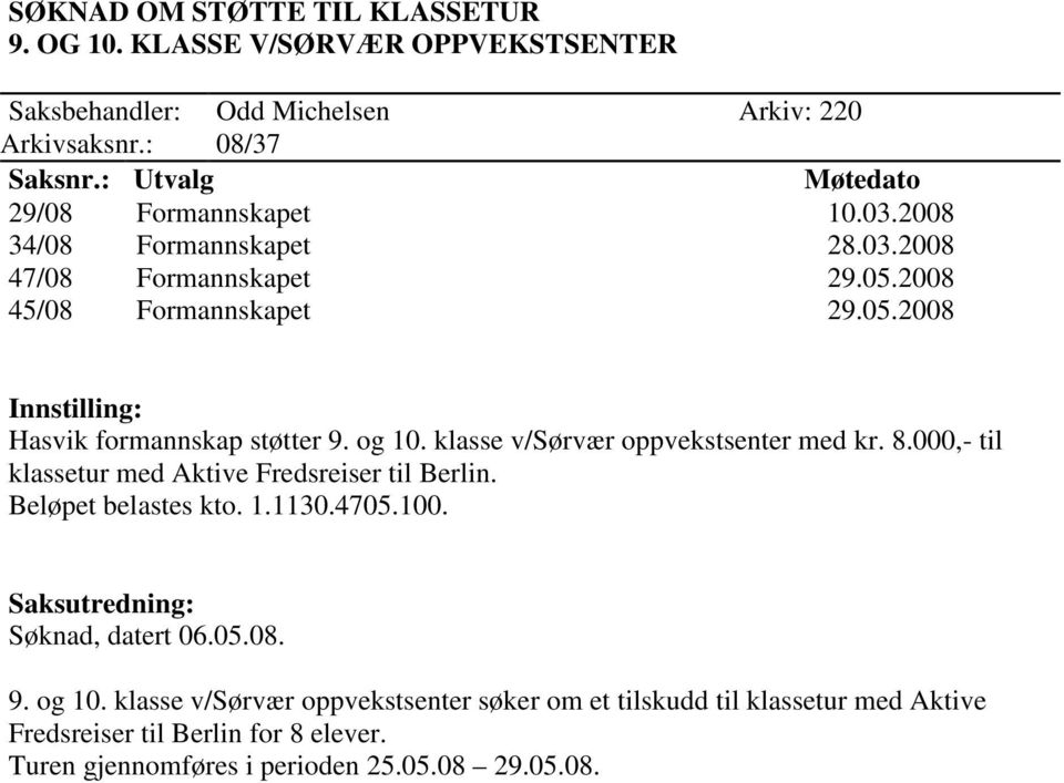 klasse v/sørvær oppvekstsenter med kr. 8.000,- til klassetur med Aktive Fredsreiser til Berlin. Beløpet belastes kto. 1.1130.4705.100.