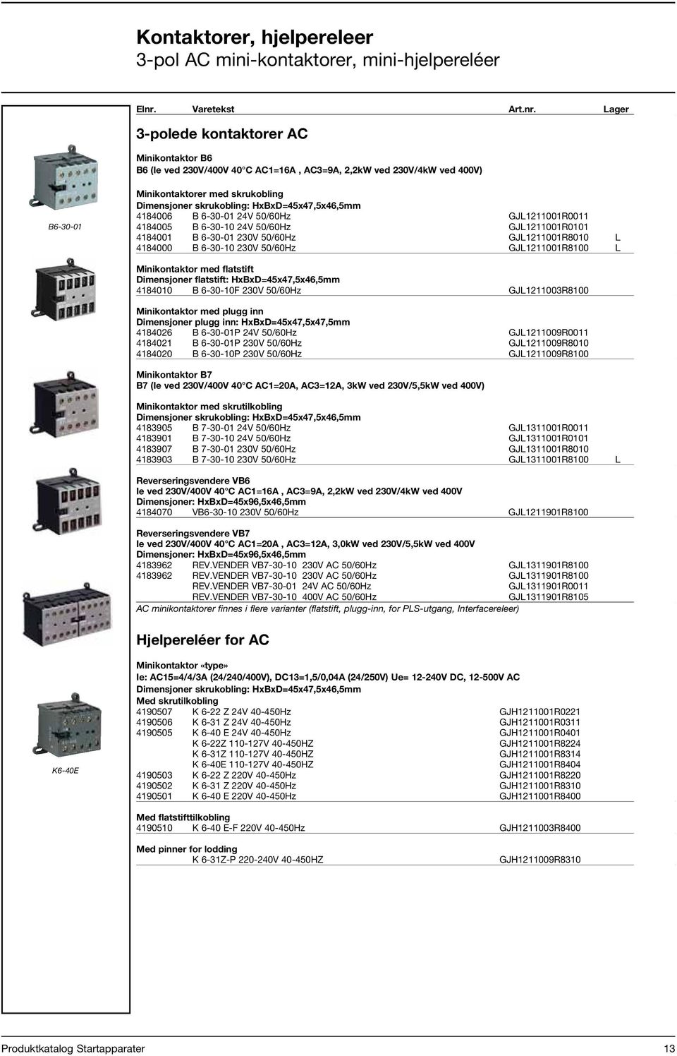 Lager Pris 3-polede kontaktorer AC Minikontaktor B6 B6 (Ie ved 230V/400V 40 C AC1=16A, AC3=9A, 2,2kW ved 230V/4kW ved 400V) B6-30-01 Minikontaktorer med skrukobling Dimensjoner skrukobling: