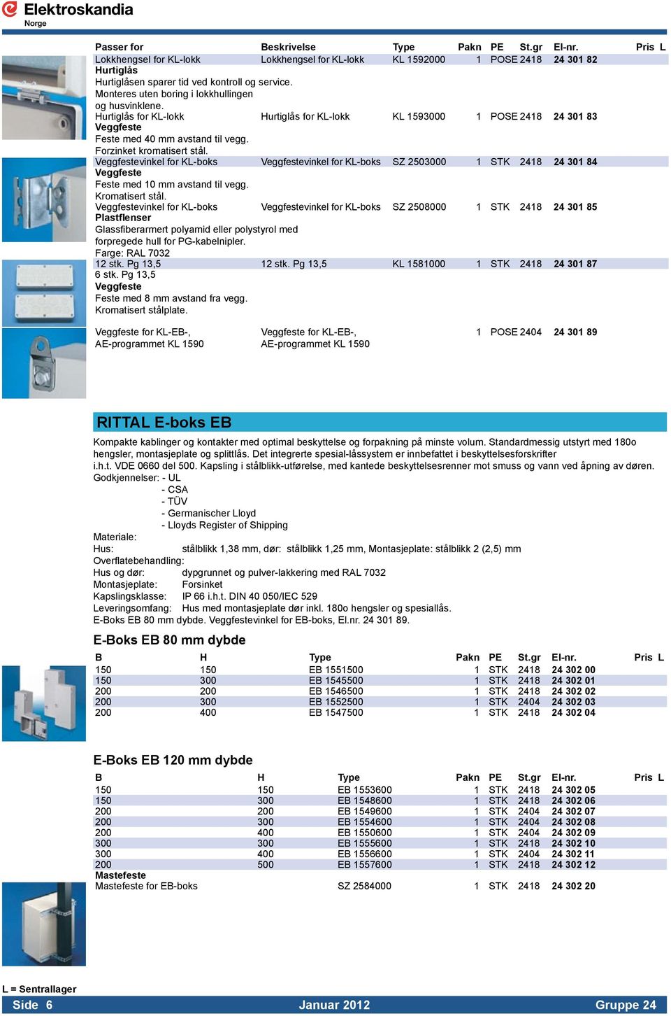 Forzinket kromatisert stål. Veggfestevinkel for KL-boks Veggfestevinkel for KL-boks SZ 2503000 1 STK 2418 24 301 84 Veggfeste Feste med 10 mm avstand til vegg. Kromatisert stål.