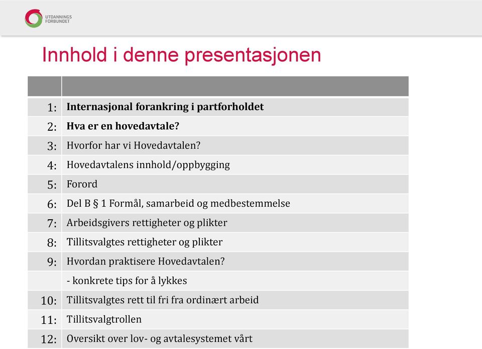 4: Hovedavtalens innhold/oppbygging 5: Forord 6: Del B 1 Formål, samarbeid og medbestemmelse 7: Arbeidsgivers rettigheter