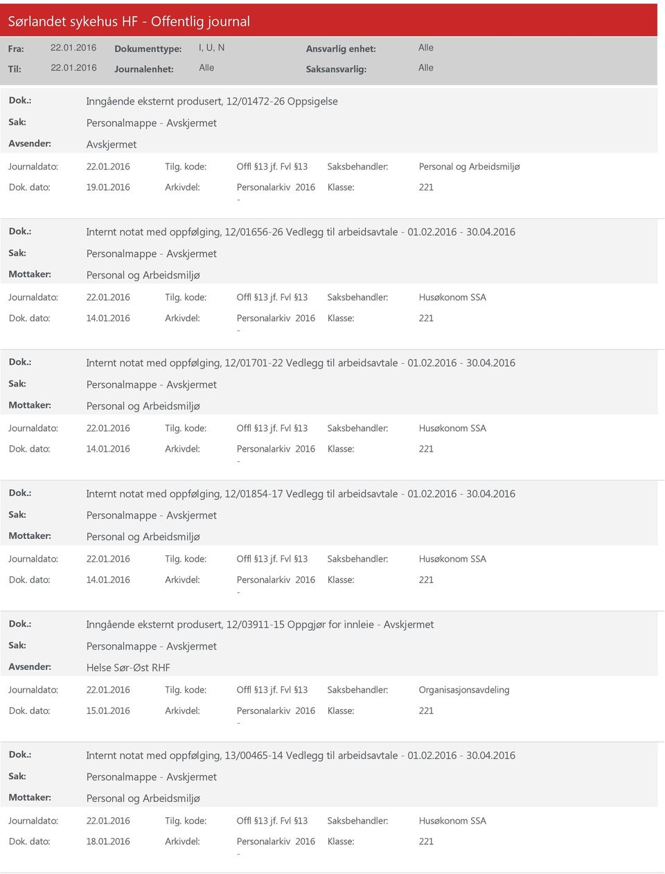 02.2016 30.04.2016 Personalmappe Husøkonom SSA Dok. dato: 14.01.2016 Arkivdel: Personalarkiv 2016 Klasse: Inngående eksternt produsert, 12/0391115 Oppgjør for innleie Personalmappe Helse SørØst RHF Organisasjonsavdeling Dok.