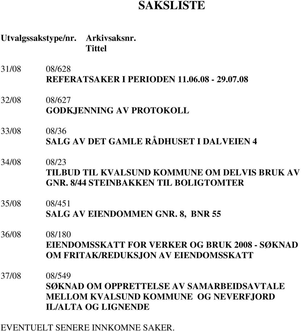 BRUK AV GNR. 8/44 STEINBAKKEN TIL BOLIGTOMTER 35/08 08/451 SALG AV EIENDOMMEN GNR.