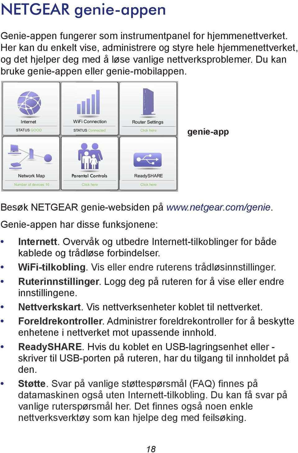 Internet STATUS GOOD WiFi Connection STATUS Connected Router Settings Click here genie-app Network Map Parental Controls ReadySHARE Number of devices 16 Click here Click here Besøk NETGEAR