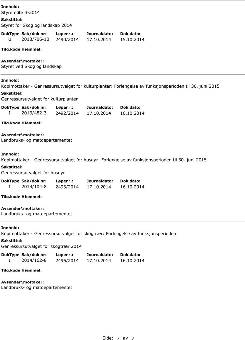 juni 2015 Genressursutvalget for kulturplanter 2013/482-3 2492/2014 Kopimottaker - Genressursutvalget for husdyr: Forlengelse av