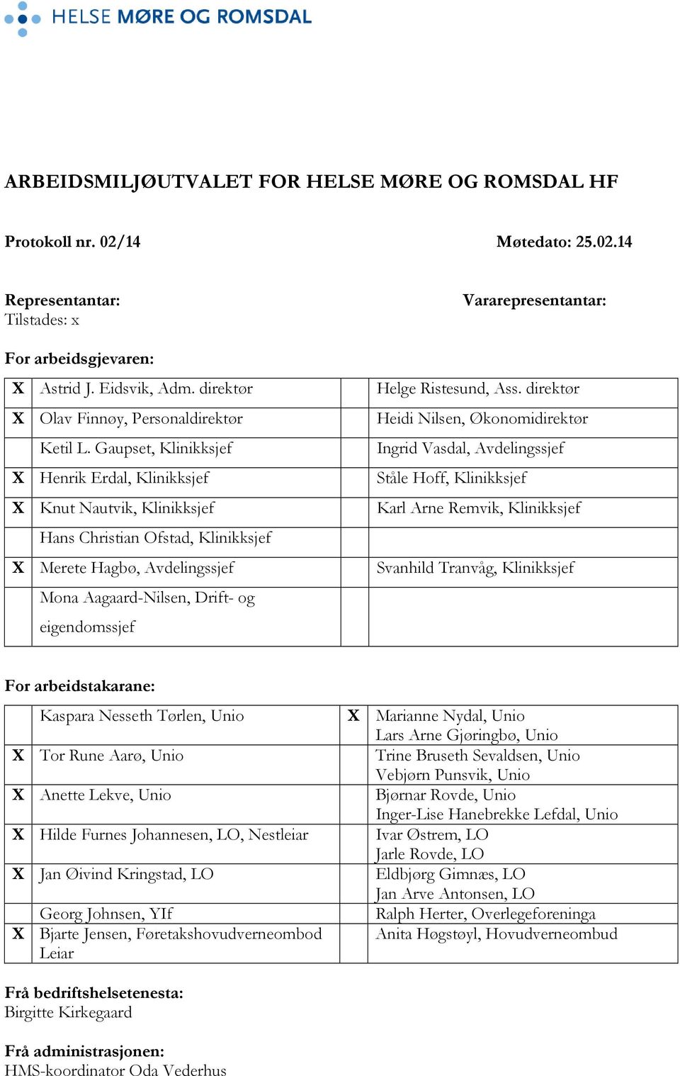Gaupset, Klinikksjef X Henrik Erdal, Klinikksjef X Knut Nautvik, Klinikksjef Hans Christian Ofstad, Klinikksjef X Merete Hagbø, Avdelingssjef Mona Aagaard-Nilsen, Drift- og eigendomssjef