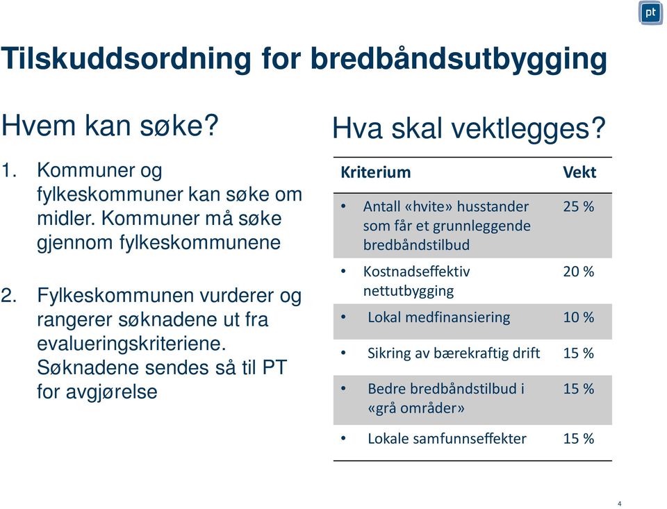 Søknadene sendes så til PT for avgjørelse Hva skal vektlegges?