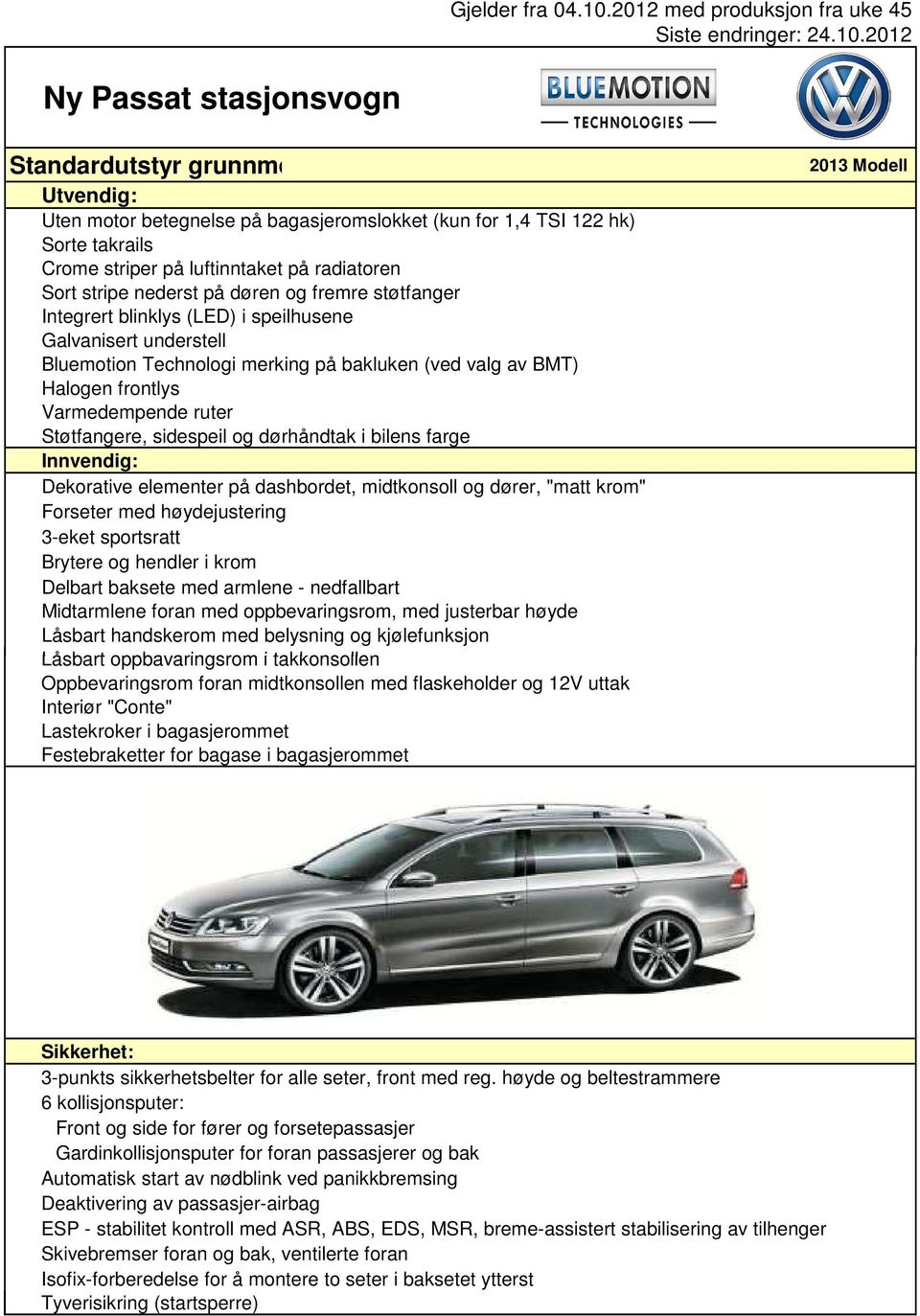 2012 Ny Passat stasjonsvogn Standardutstyr grunnmodell Utvendig: Uten motor betegnelse på bagasjeromslokket (kun for 1,4 TSI 122 hk) Sorte takrails Crome striper på luftinntaket på radiatoren Sort