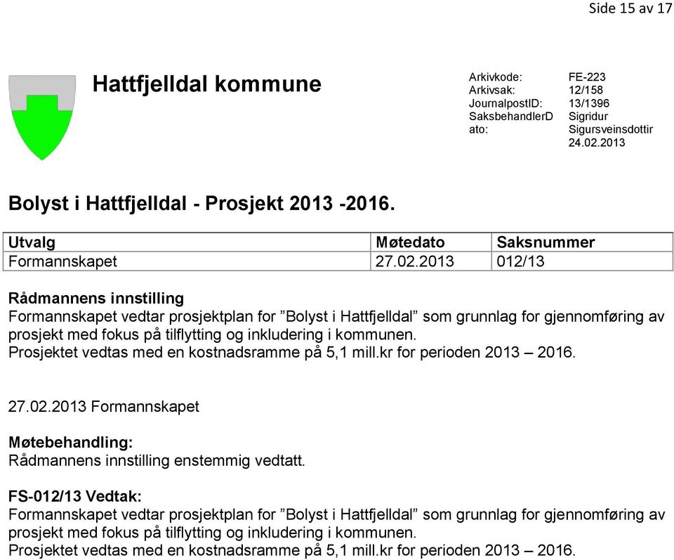 2013 012/13 Rådmannens innstilling Formannskapet vedtar prosjektplan for Bolyst i Hattfjelldal som grunnlag for gjennomføring av prosjekt med fokus på tilflytting og inkludering i kommunen.