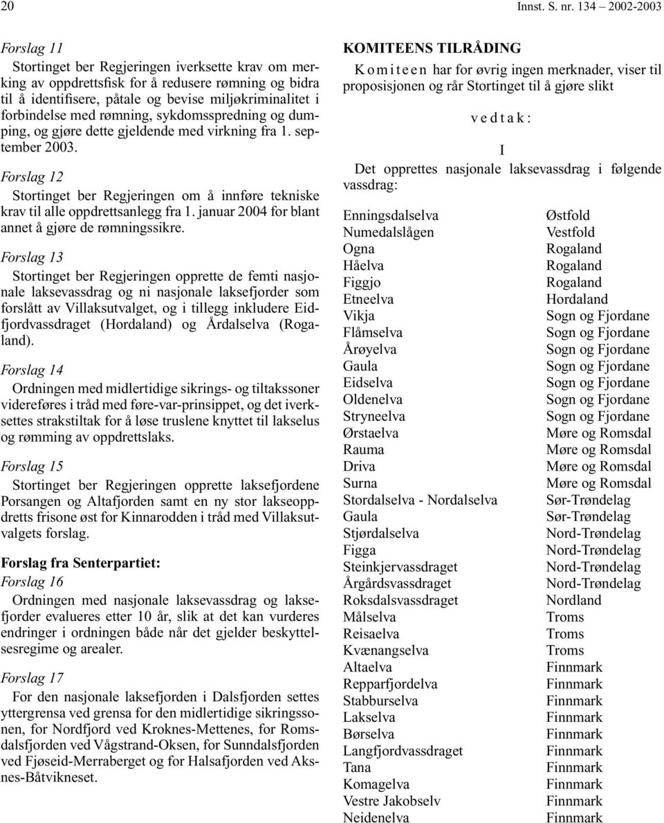 med rømning, sykdomsspredning og dumping, og gjøre dette gjeldende med virkning fra 1. september 2003. Forslag 12 Stortinget ber Regjeringen om å innføre tekniske krav til alle oppdrettsanlegg fra 1.