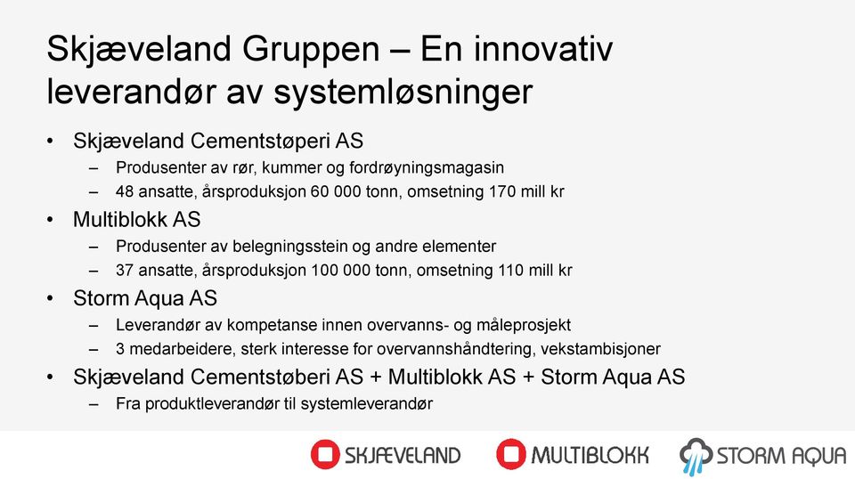 årsproduksjon 100 000 tonn, omsetning 110 mill kr Storm Aqua AS Leverandør av kompetanse innen overvanns- og måleprosjekt 3 medarbeidere, sterk