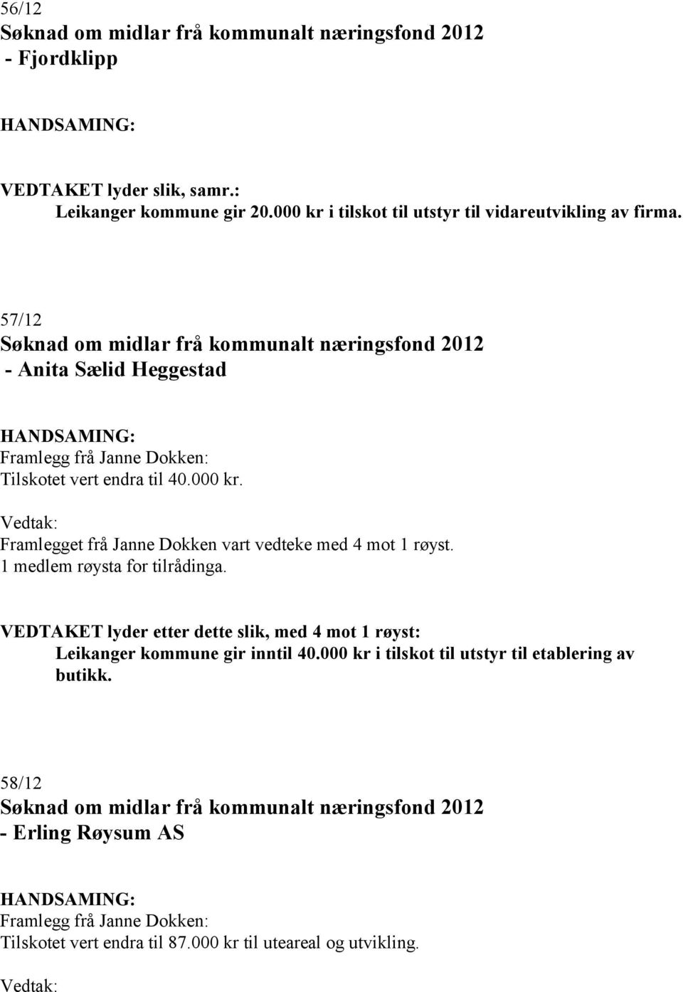 57/12 - Anita Sælid Heggestad Tilskotet vert endra til 40.000 kr.