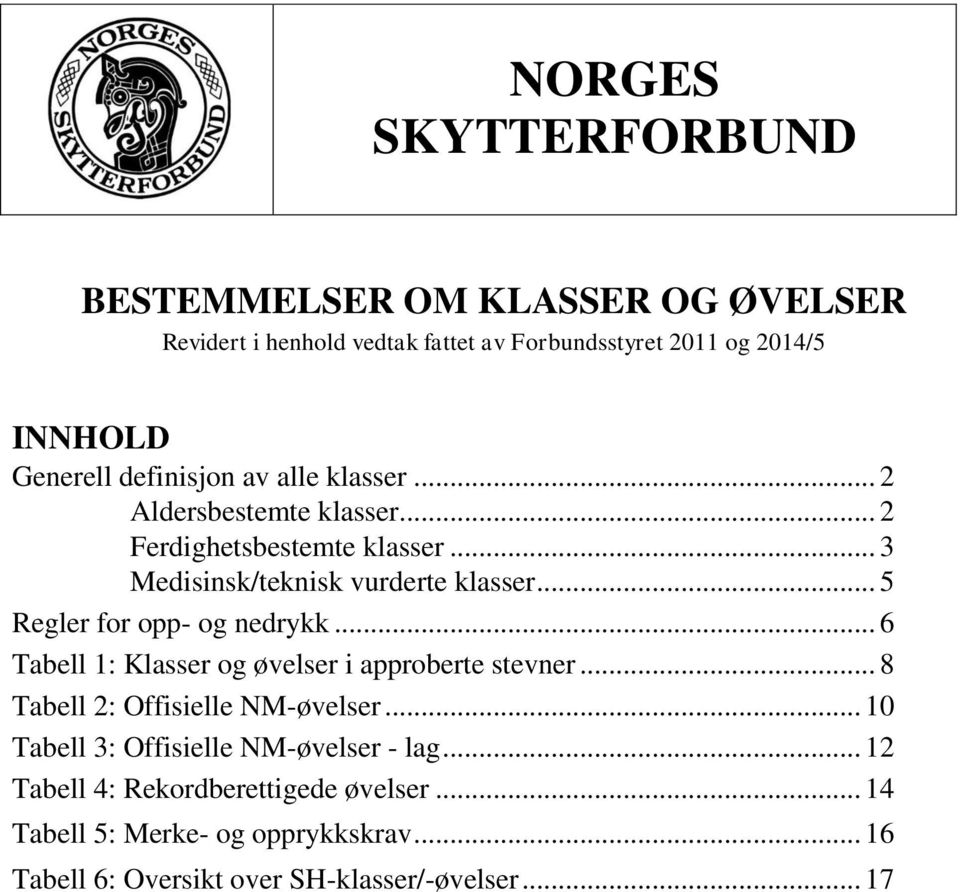 .. 5 Regler for opp- og nedrykk... 6 Tabell 1: Klasser og øvelser i approberte stevner... 8 Tabell 2: Offisielle NM-øvelser.