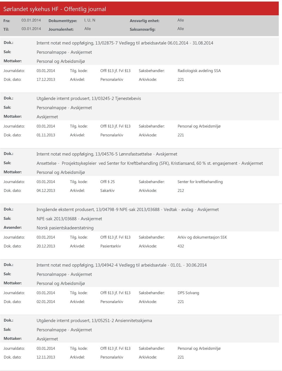 2013 Arkivdel: Personalarkiv Arkivkode: 221 Internt notat med oppfølging, 13/04576-5 Lønnsfastsettelse - Ansettelse - Prosjektsykepleier ved Senter for Kreftbehandling (SFK), Kristiansand, 60 % st.