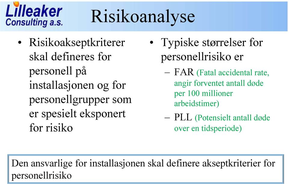 (Fatal accidental rate, angir forventet antall døde per 100 millioner arbeidstimer) PLL (Potensielt