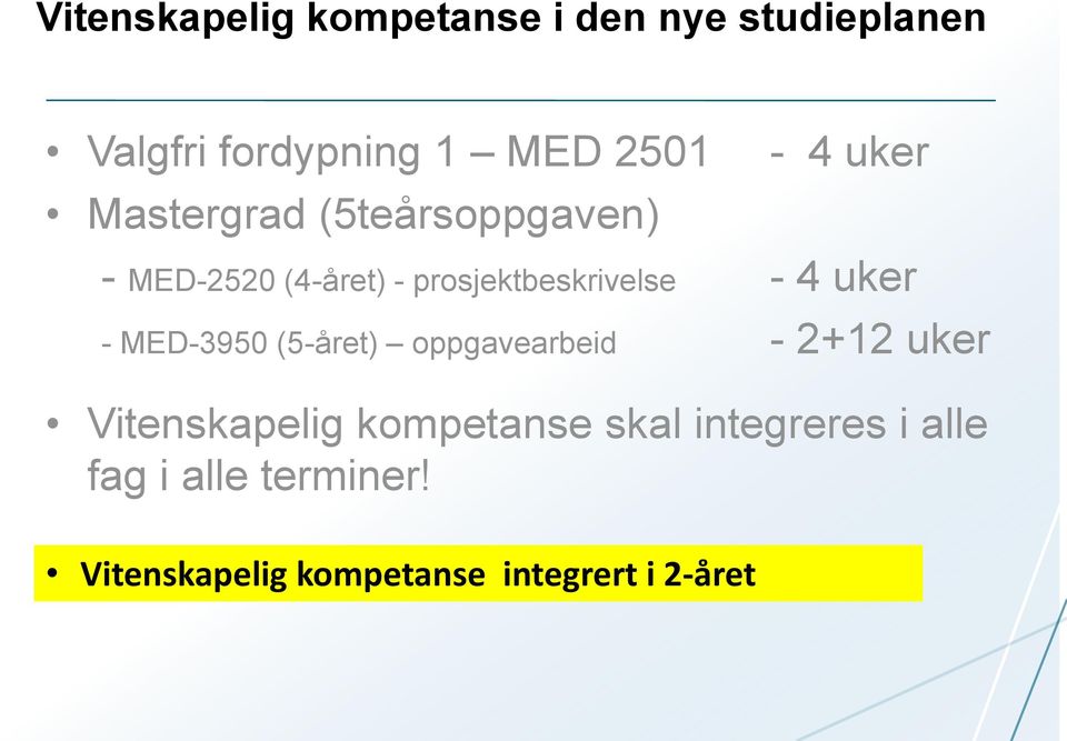 4 uker - MED-3950 (5-året) oppgavearbeid - 2+12 uker Vitenskapelig kompetanse