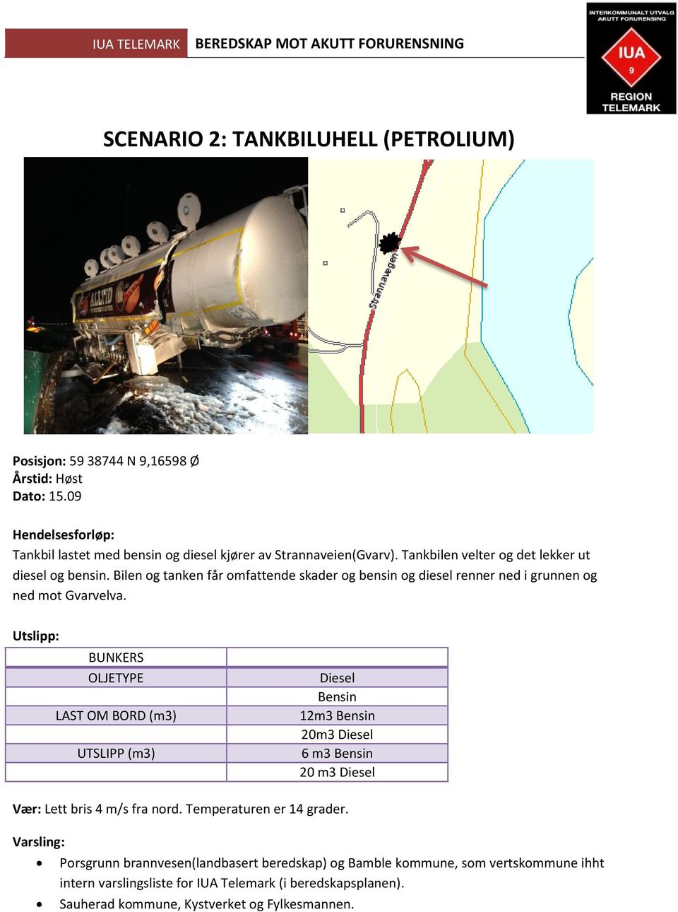 Utslipp: BUNKERS OLJETYPE LAST OM BORD (m3) UTSLIPP (m3) Diesel Bensin 12m3 Bensin 20m3 Diesel 6 m3 Bensin 20 m3 Diesel Vær: Lett bris 4 m/s fra nord. Temperaturen er 14 grader.