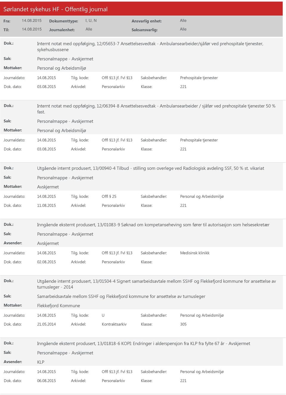 2015 Arkivdel: Personalarkiv tgående internt produsert, 13/00940-4 Tilbud - stilling som overlege ved Radiologisk avdeling SSF, 50 % st. vikariat Offl 25 Dok. dato: 11.08.