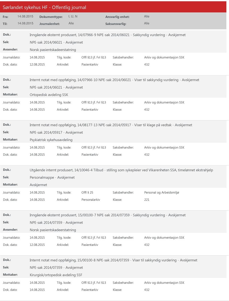 dato: Arkivdel: Pasientarkiv Internt notat med oppfølging, 14/08177-13 NPE-sak 2014/05917 - Viser til klage på vedtak - NPE-sak 2014/05917 - Psykiatrisk sykehusavdeling Dok.