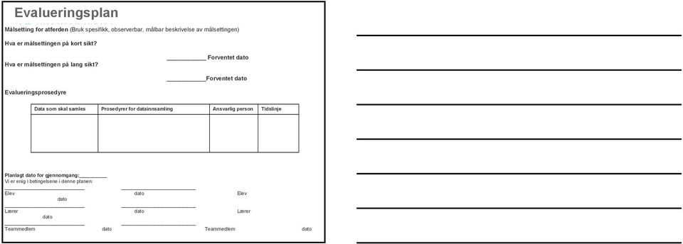 Forventet dato Forventet dato Evalueringsprosedyre Data som skal samles Prosedyrer for datainnsamling Ansvarlig