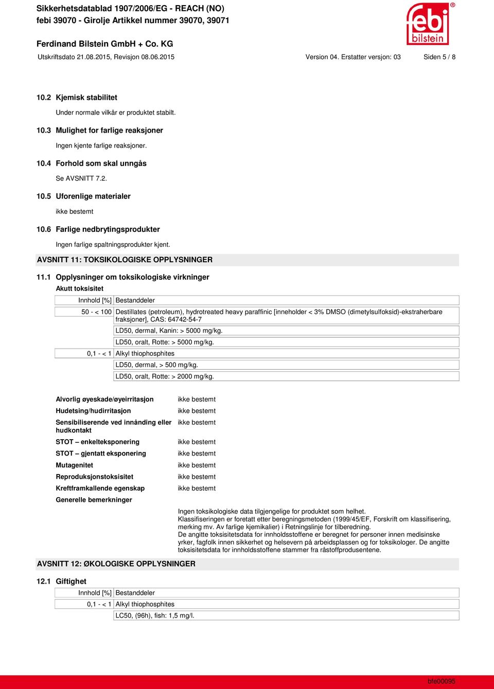 1 Opplysninger om toksikologiske virkninger Akutt toksisitet Innhold [%] Bestanddeler 50 - < 100 Destillates (petroleum), hydrotreated heavy paraffinic [inneholder < 3% DMSO