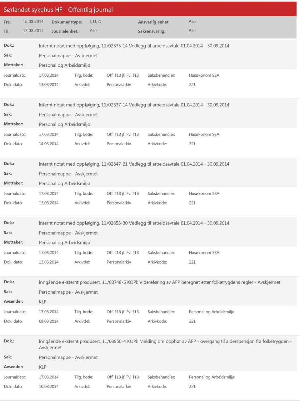 2014 Arkivdel: Personalarkiv Arkivkode: 221 Internt notat med oppfølging, 11/02847-21 Vedlegg til arbeidsavtale 01.04.2014-30.09.2014 Husøkonom SSA Dok. dato: 13.03.