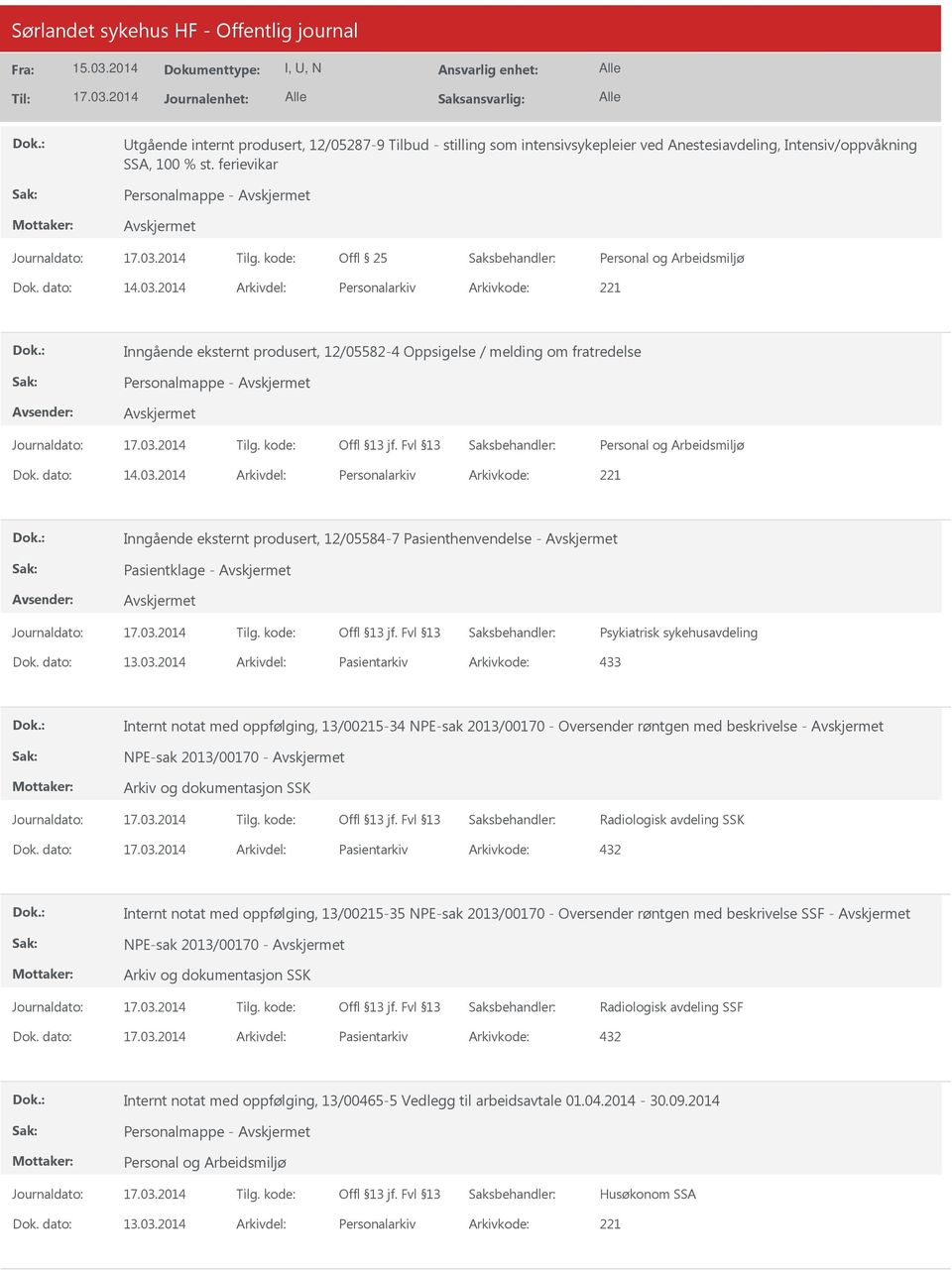 2014 Arkivdel: Personalarkiv Arkivkode: 221 Inngående eksternt produsert, 12/05584-7 Pasienthenvendelse - Pasientklage - Psykiatrisk sykehusavdeling Dok. dato: 13.03.