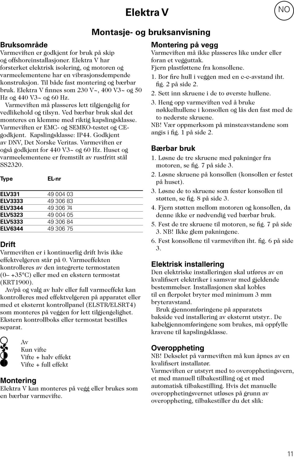 Ved bærbar bruk skal det monteres en klemme med riktig kapslingsklasse. Varmeviften er EMC- og SEMKO-testet og CEgodkjent. Kapslingsklasse: IP44. Godkjent av DNV, Det Norske Veritas.