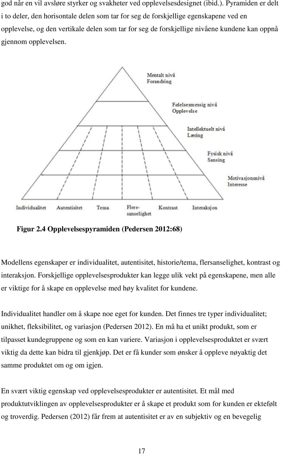 gjennom opplevelsen. Figur 2.4 Opplevelsespyramiden (Pedersen 2012:68) Modellens egenskaper er individualitet, autentisitet, historie/tema, flersanselighet, kontrast og interaksjon.