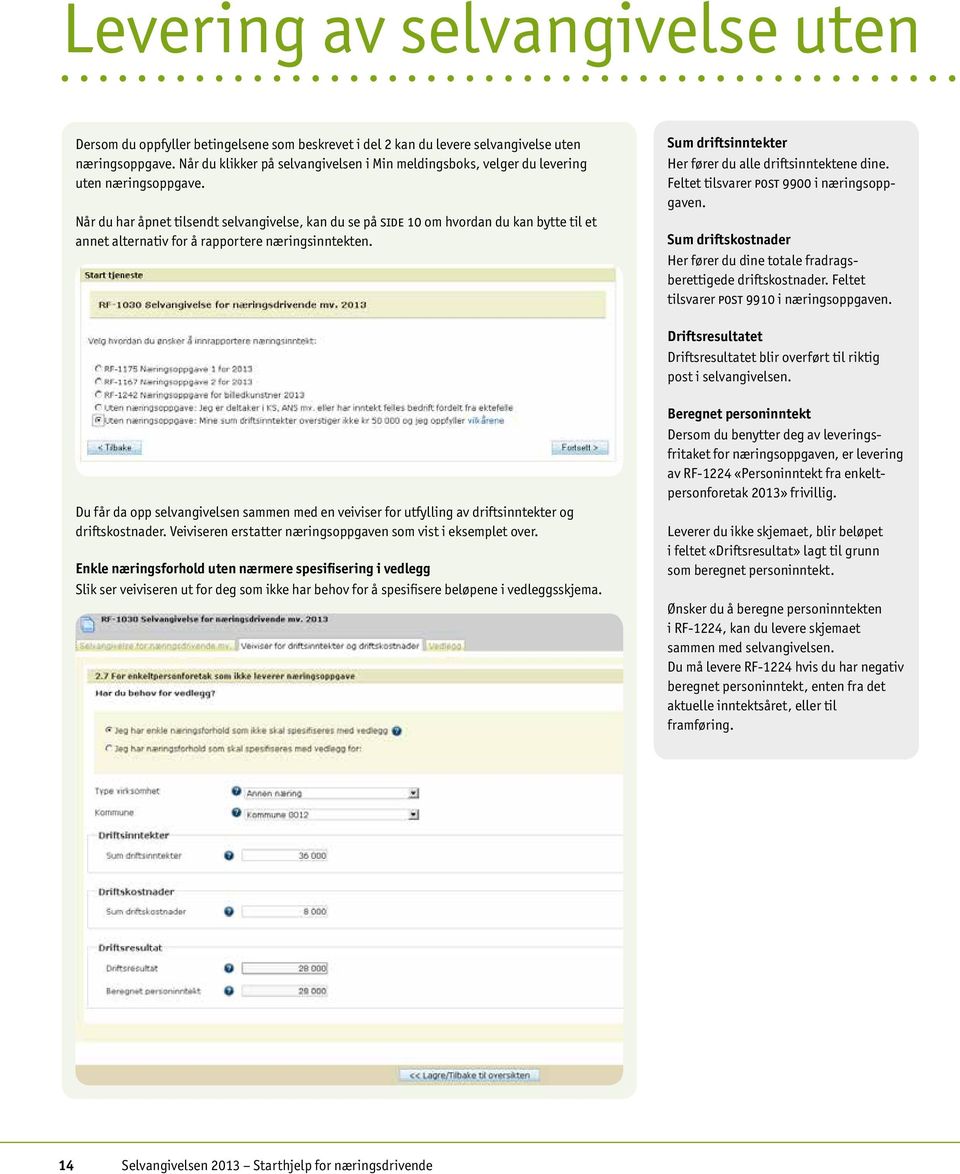 Når du har åpnet tilsendt selvangivelse, kan du se på SIDE 10 om hvordan du kan bytte til et annet alternativ for å rapportere næringsinntekten.