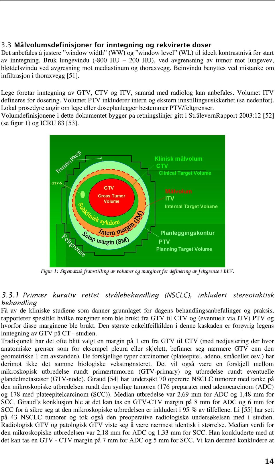 Lege foretar inntegning av GTV, CTV og ITV, samråd med radiolog kan anbefales. Volumet ITV defineres for dosering. Volumet PTV inkluderer intern og ekstern innstillingsusikkerhet (se nedenfor).