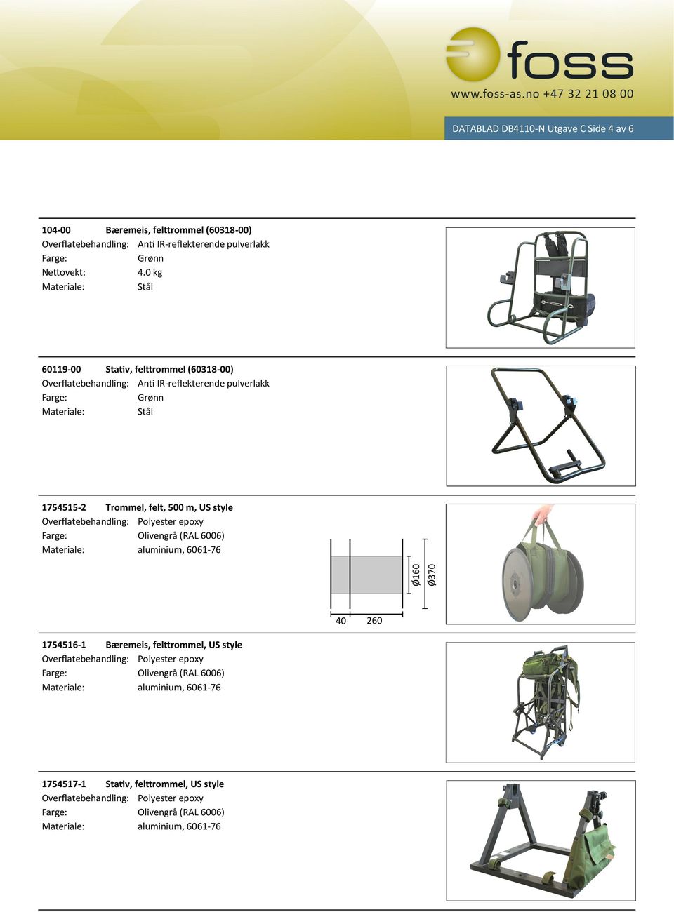 Olivengrå (RAL 6006) aluminium, 6061-76 40 260 1754516-1 Bæremeis, felttrommel, US style Overflatebehandling: Polyester