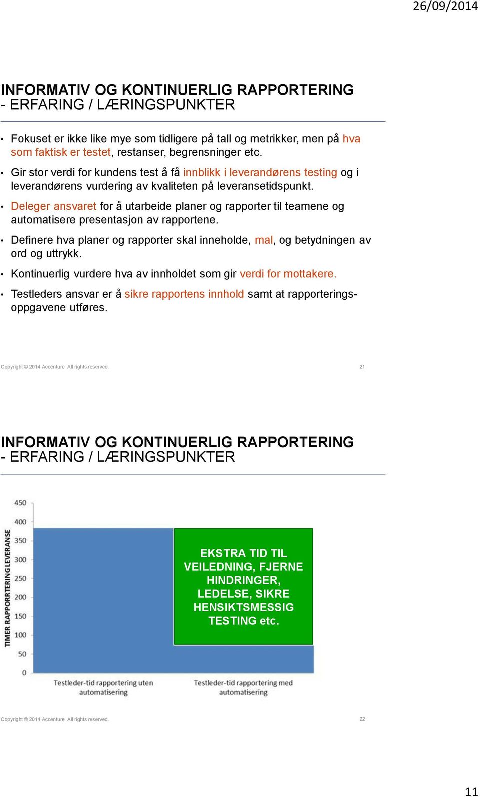 Deleger ansvaret for å utarbeide planer og rapporter til teamene og automatisere presentasjon av rapportene. Definere hva planer og rapporter skal inneholde, mal, og betydningen av ord og uttrykk.