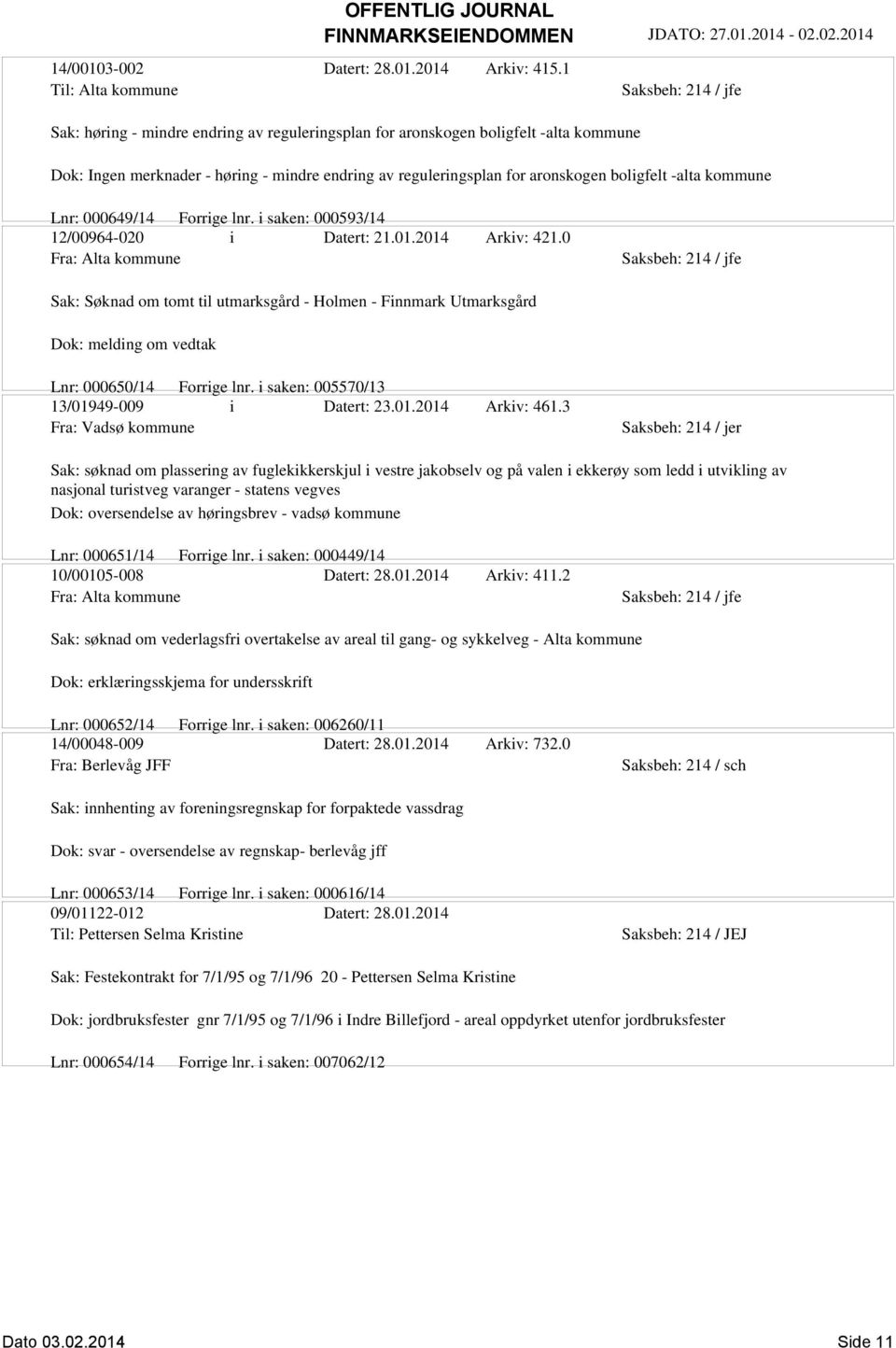 -alta kommune Lnr: 000649/14 Forrige lnr. i saken: 000593/14 12/00964-020 i Datert: 21.01.2014 Arkiv: 421.