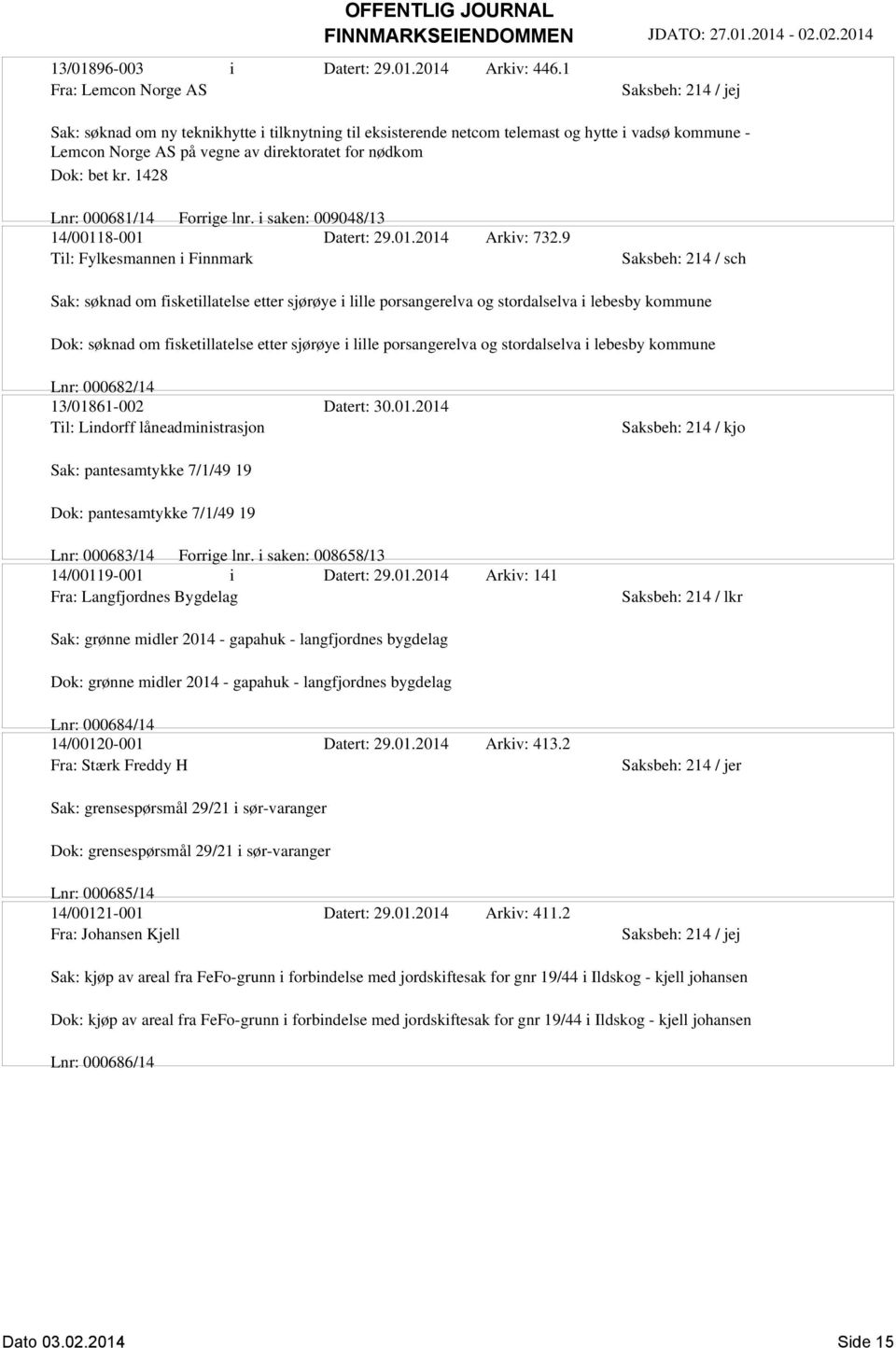 1428 Lnr: 000681/14 Forrige lnr. i saken: 009048/13 14/00118-001 Datert: 29.01.2014 Arkiv: 732.